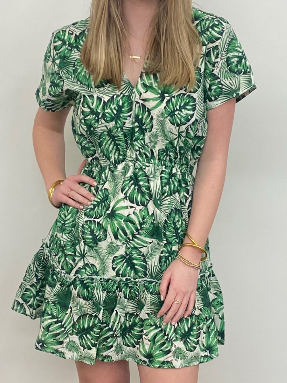 America & Beyond Green Palm Printed Short Dress